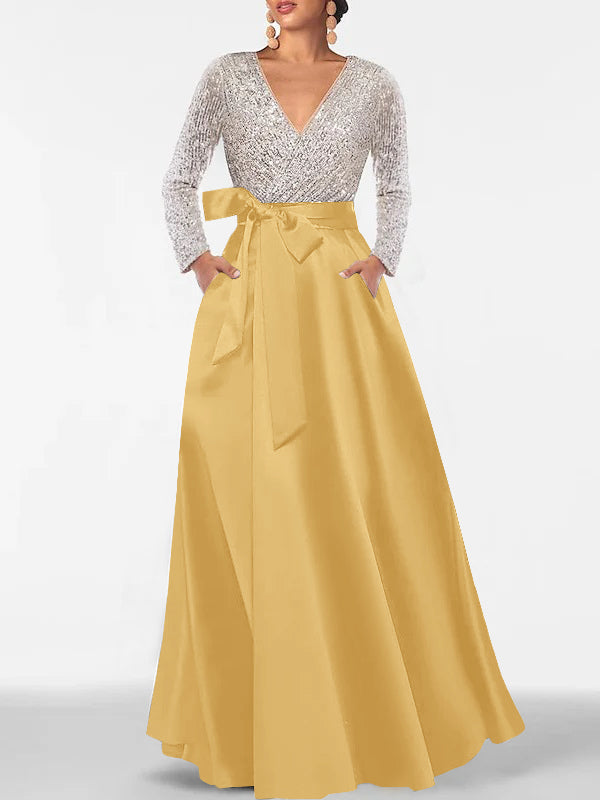 Robe de Mère de la Mariée Coupe A-Line/Princess, Col en V, Manches Longues, Longueur Au Sol, avec Poche et Paillettes