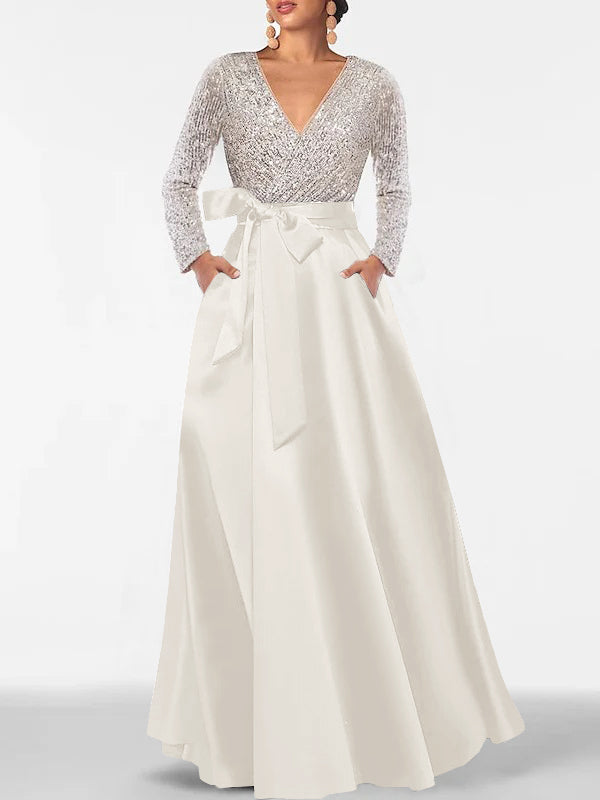 Robe de Mère de la Mariée Coupe A-Line/Princess, Col en V, Manches Longues, Longueur Au Sol, avec Poche et Paillettes