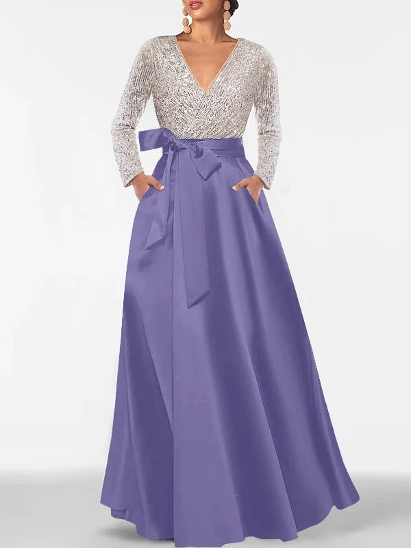 Robe de Mère de la Mariée Coupe A-Line/Princess, Col en V, Manches Longues, Longueur Au Sol, avec Poche et Paillettes