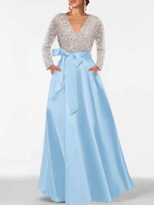 Robe de Mère de la Mariée Coupe A-Line/Princess, Col en V, Manches Longues, Longueur Au Sol, avec Poche et Paillettes