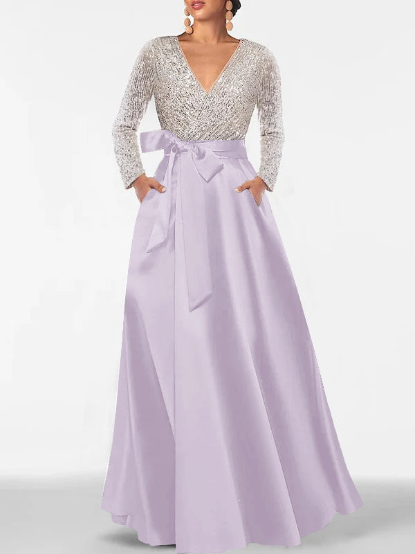 Robe de Mère de la Mariée Coupe A-Line/Princess, Col en V, Manches Longues, Longueur Au Sol, avec Poche et Paillettes