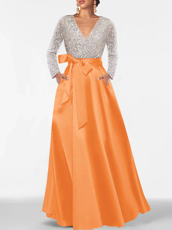Robe de Mère de la Mariée Coupe A-Line/Princess, Col en V, Manches Longues, Longueur Au Sol, avec Poche et Paillettes