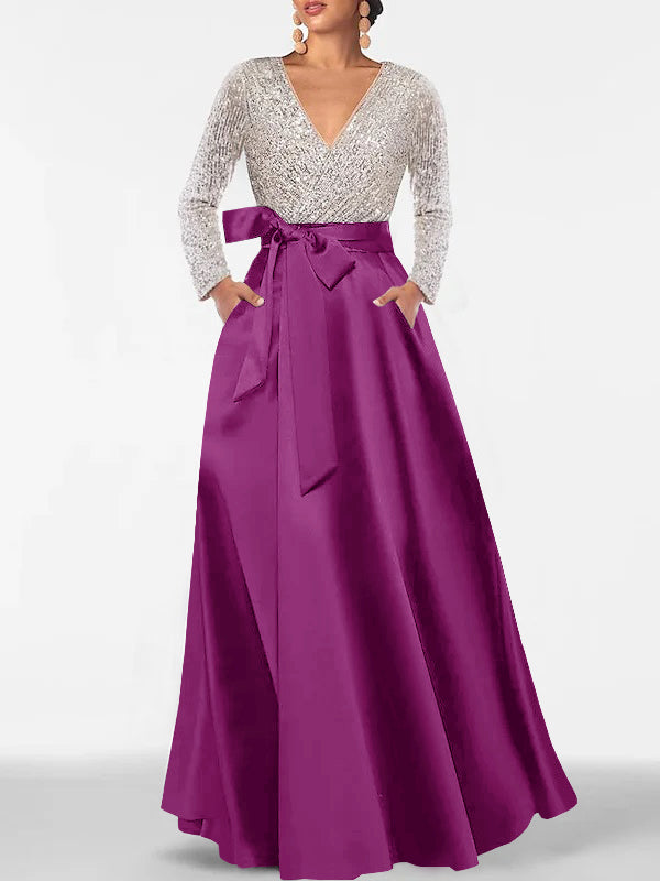 Robe de Mère de la Mariée Coupe A-Line/Princess, Col en V, Manches Longues, Longueur Au Sol, avec Poche et Paillettes