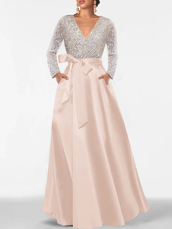 Robe de Mère de la Mariée Coupe A-Line/Princess, Col en V, Manches Longues, Longueur Au Sol, avec Poche et Paillettes