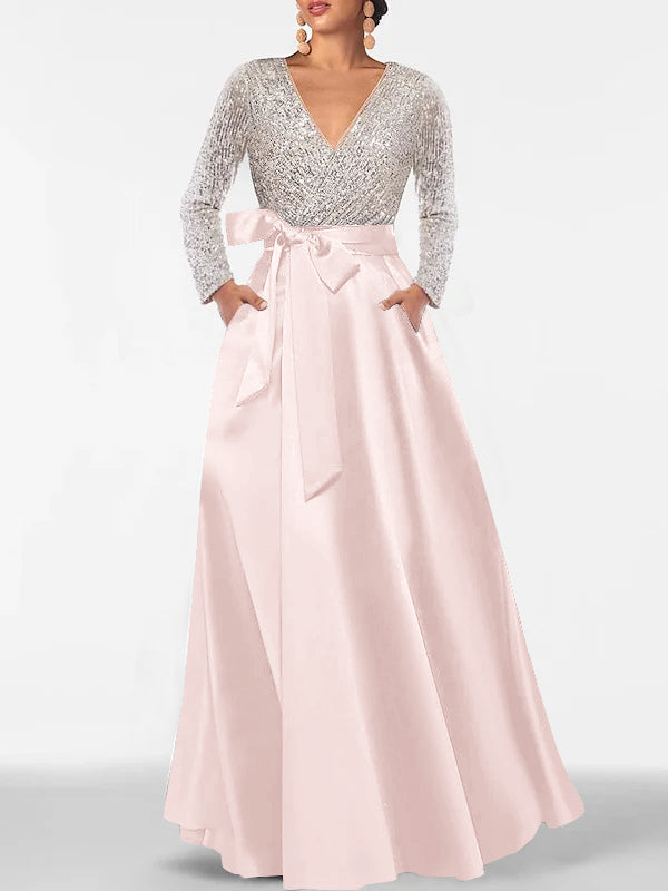 Robe de Mère de la Mariée Coupe A-Line/Princess, Col en V, Manches Longues, Longueur Au Sol, avec Poche et Paillettes