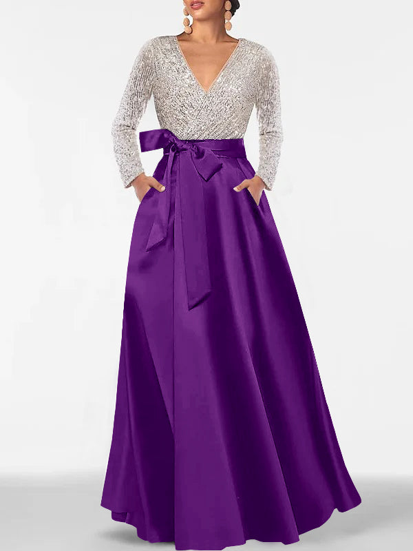 Robe de Mère de la Mariée Coupe A-Line/Princess, Col en V, Manches Longues, Longueur Au Sol, avec Poche et Paillettes