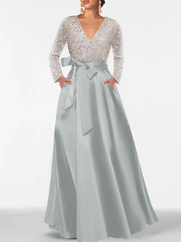 Robe de Mère de la Mariée Coupe A-Line/Princess, Col en V, Manches Longues, Longueur Au Sol, avec Poche et Paillettes