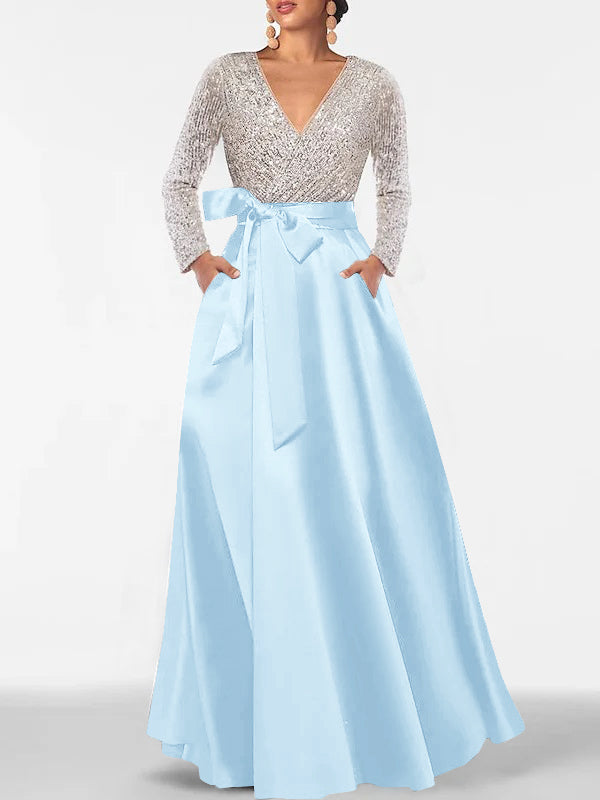 Robe de Mère de la Mariée Coupe A-Line/Princess, Col en V, Manches Longues, Longueur Au Sol, avec Poche et Paillettes