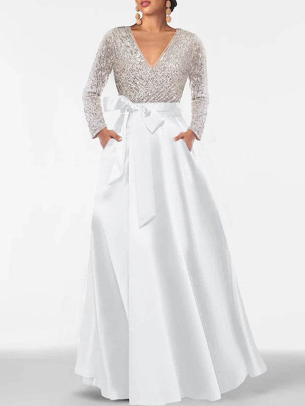Robe de Mère de la Mariée Coupe A-Line/Princess, Col en V, Manches Longues, Longueur Au Sol, avec Poche et Paillettes