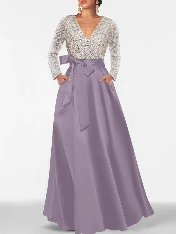 Robe de Mère de la Mariée Coupe A-Line/Princess, Col en V, Manches Longues, Longueur Au Sol, avec Poche et Paillettes