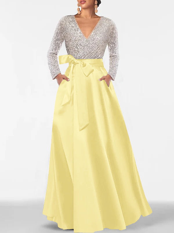 Robe de Mère de la Mariée Coupe A-Line/Princess, Col en V, Manches Longues, Longueur Au Sol, avec Poche et Paillettes