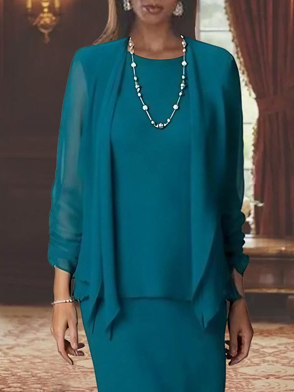 Robe de Mère de la Mariée Fourreau/Colonne à Col Rond et Manches Longues, Longueur Au Sol, avec Veste