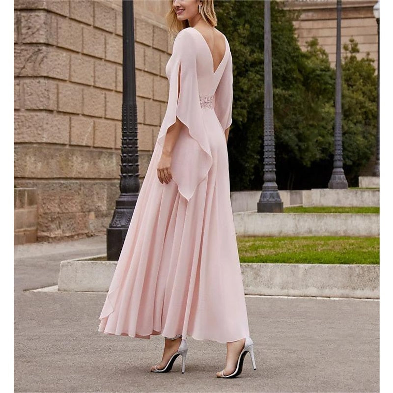 Robe de Mère de la Mariée Coupe A-Line/Princess, Col Rond, Manches 3/4, Longueur Cheville, avec Paillettes