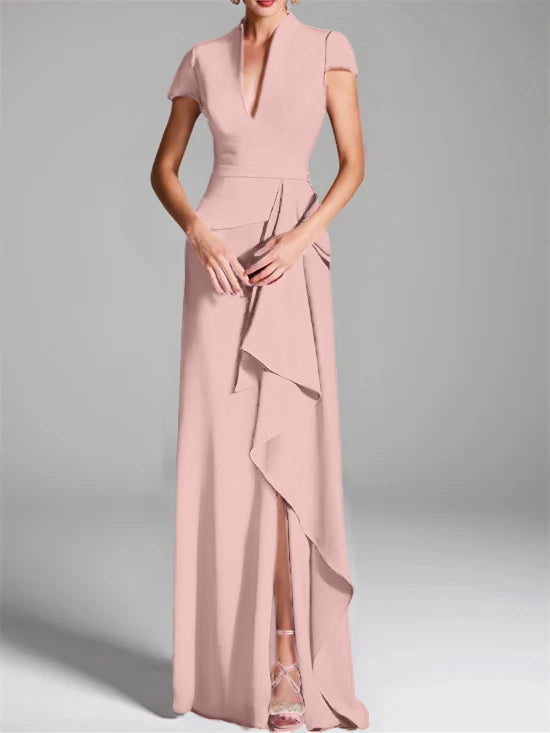 Robe de Mère de la Mariée Fourreau/Colonne à Col en V et Manches Courtes, Longueur Au Sol, avec Fente Sur le Côté
