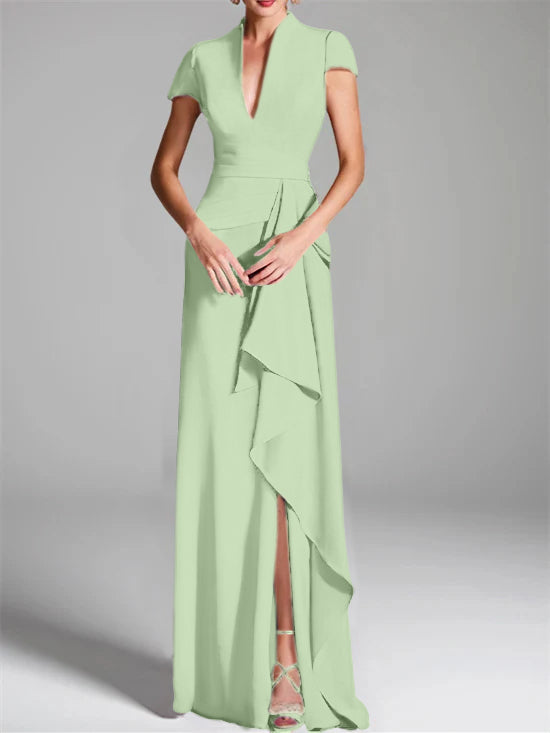 Robe de Mère de la Mariée Fourreau/Colonne à Col en V et Manches Courtes, Longueur Au Sol, avec Fente Sur le Côté