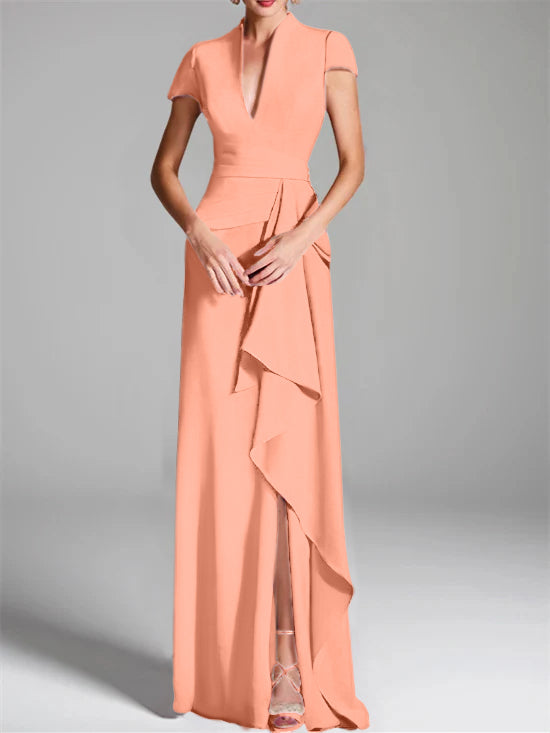 Robe de Mère de la Mariée Fourreau/Colonne à Col en V et Manches Courtes, Longueur Au Sol, avec Fente Sur le Côté