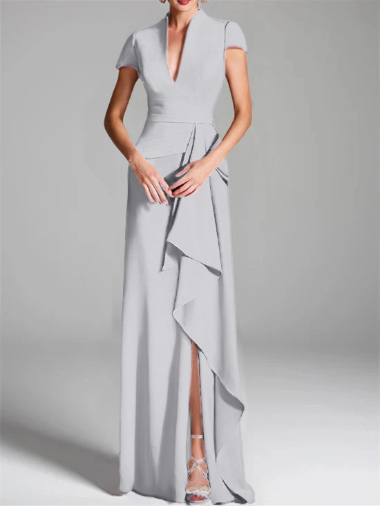 Robe de Mère de la Mariée Fourreau/Colonne à Col en V et Manches Courtes, Longueur Au Sol, avec Fente Sur le Côté