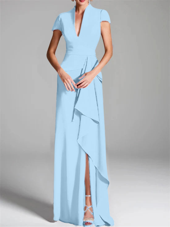 Robe de Mère de la Mariée Fourreau/Colonne à Col en V et Manches Courtes, Longueur Au Sol, avec Fente Sur le Côté