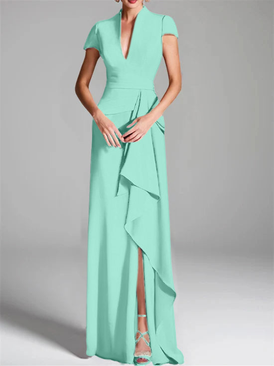 Robe de Mère de la Mariée Fourreau/Colonne à Col en V et Manches Courtes, Longueur Au Sol, avec Fente Sur le Côté