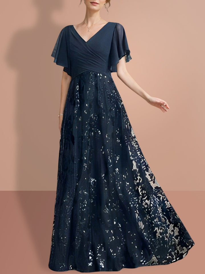 Robe de Mère de la Mariée Coupe A-Line/Princess à Col en V et Manches Courtes, Longueur Au Sol, avec Paillettes