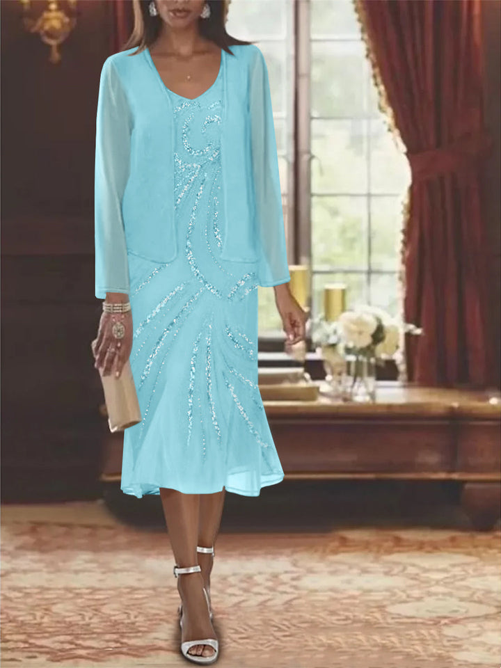 Robe de Mère de la Mariée en Mousseline 2 Pièces à Col en V et Longueur Genou avec Veste et Paillettes