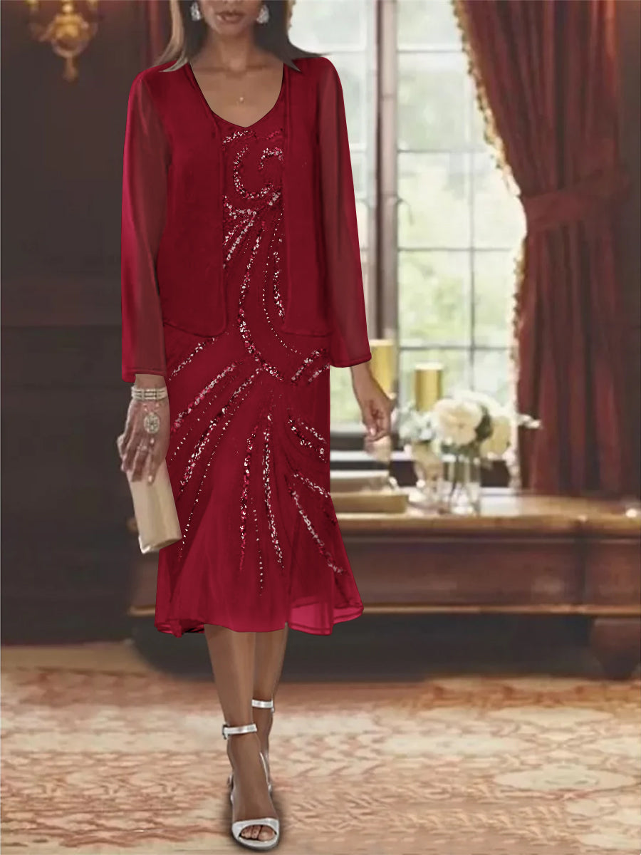 Robe de Mère de la Mariée en Mousseline 2 Pièces à Col en V et Longueur Genou avec Veste et Paillettes