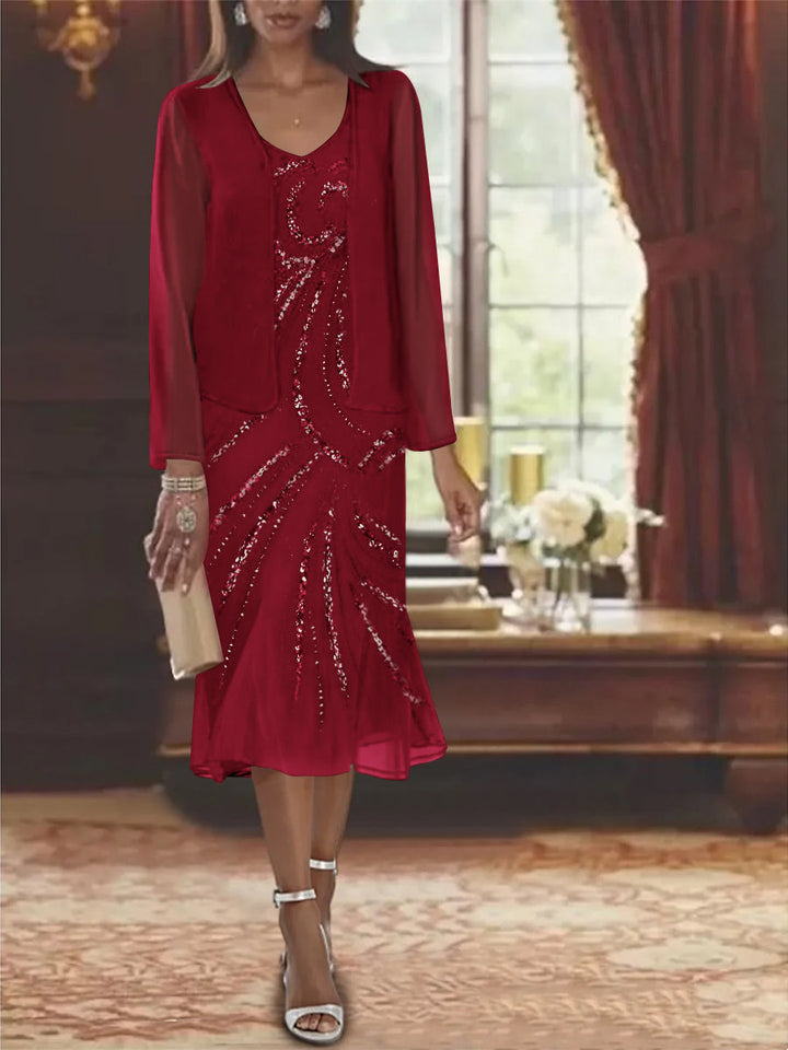 Robe de Mère de la Mariée en Mousseline 2 Pièces à Col en V et Longueur Genou avec Veste et Paillettes