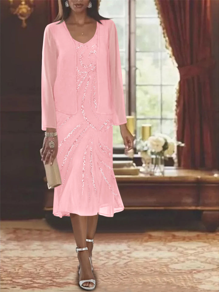 Robe de Mère de la Mariée en Mousseline 2 Pièces à Col en V et Longueur Genou avec Veste et Paillettes