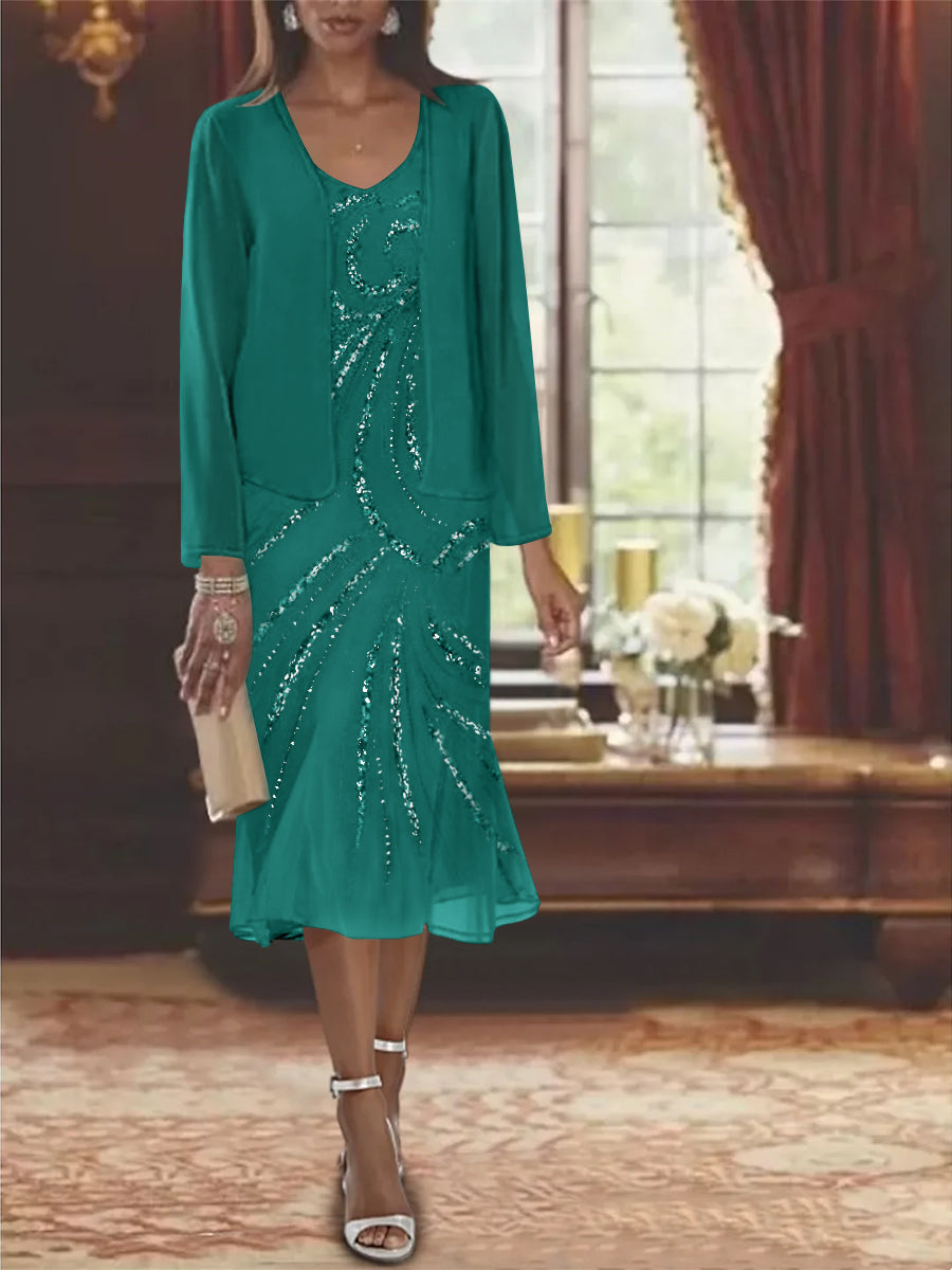 Robe de Mère de la Mariée en Mousseline 2 Pièces à Col en V et Longueur Genou avec Veste et Paillettes