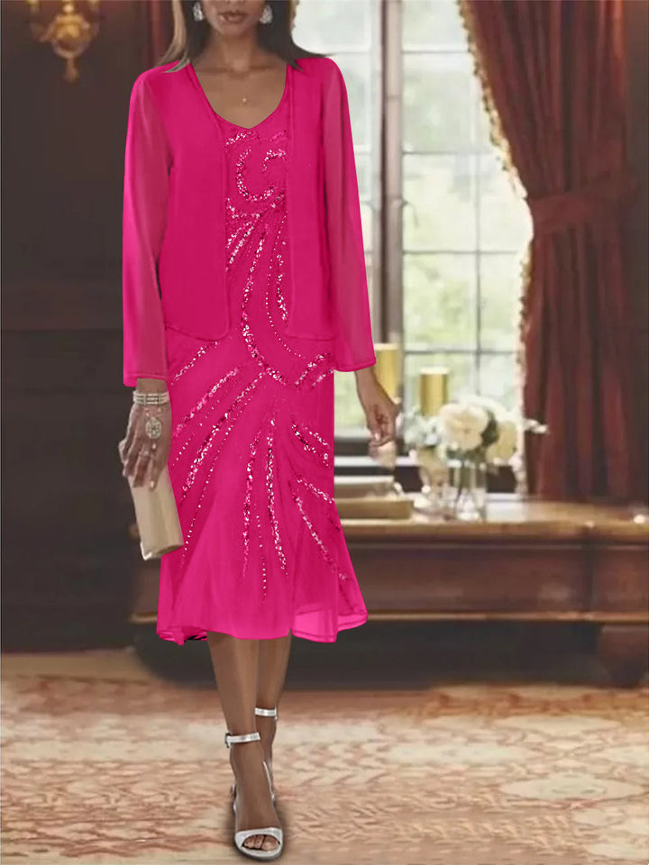 Robe de Mère de la Mariée en Mousseline 2 Pièces à Col en V et Longueur Genou avec Veste et Paillettes