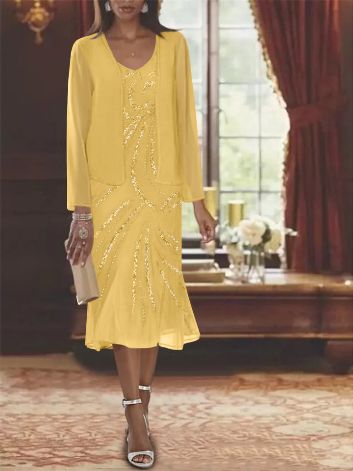 Robe de Mère de la Mariée en Mousseline 2 Pièces à Col en V et Longueur Genou avec Veste et Paillettes