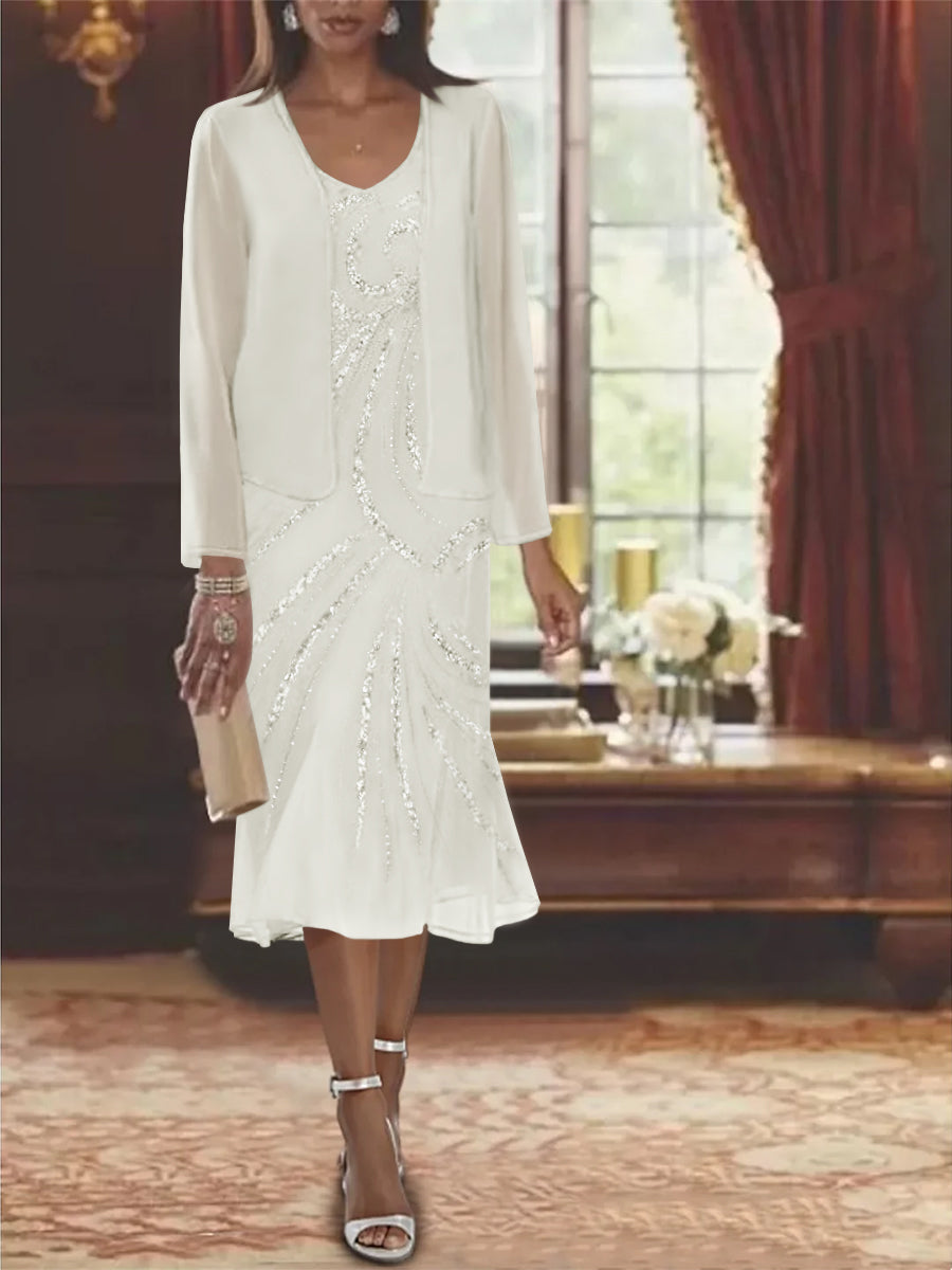 Robe de Mère de la Mariée en Mousseline 2 Pièces à Col en V et Longueur Genou avec Veste et Paillettes