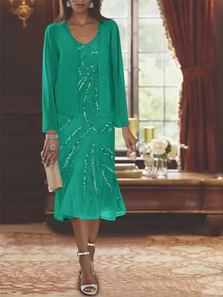 Robe de Mère de la Mariée en Mousseline 2 Pièces à Col en V et Longueur Genou avec Veste et Paillettes