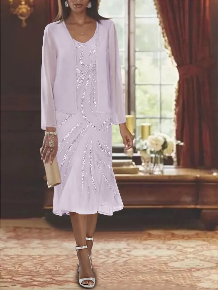 Robe de Mère de la Mariée en Mousseline 2 Pièces à Col en V et Longueur Genou avec Veste et Paillettes