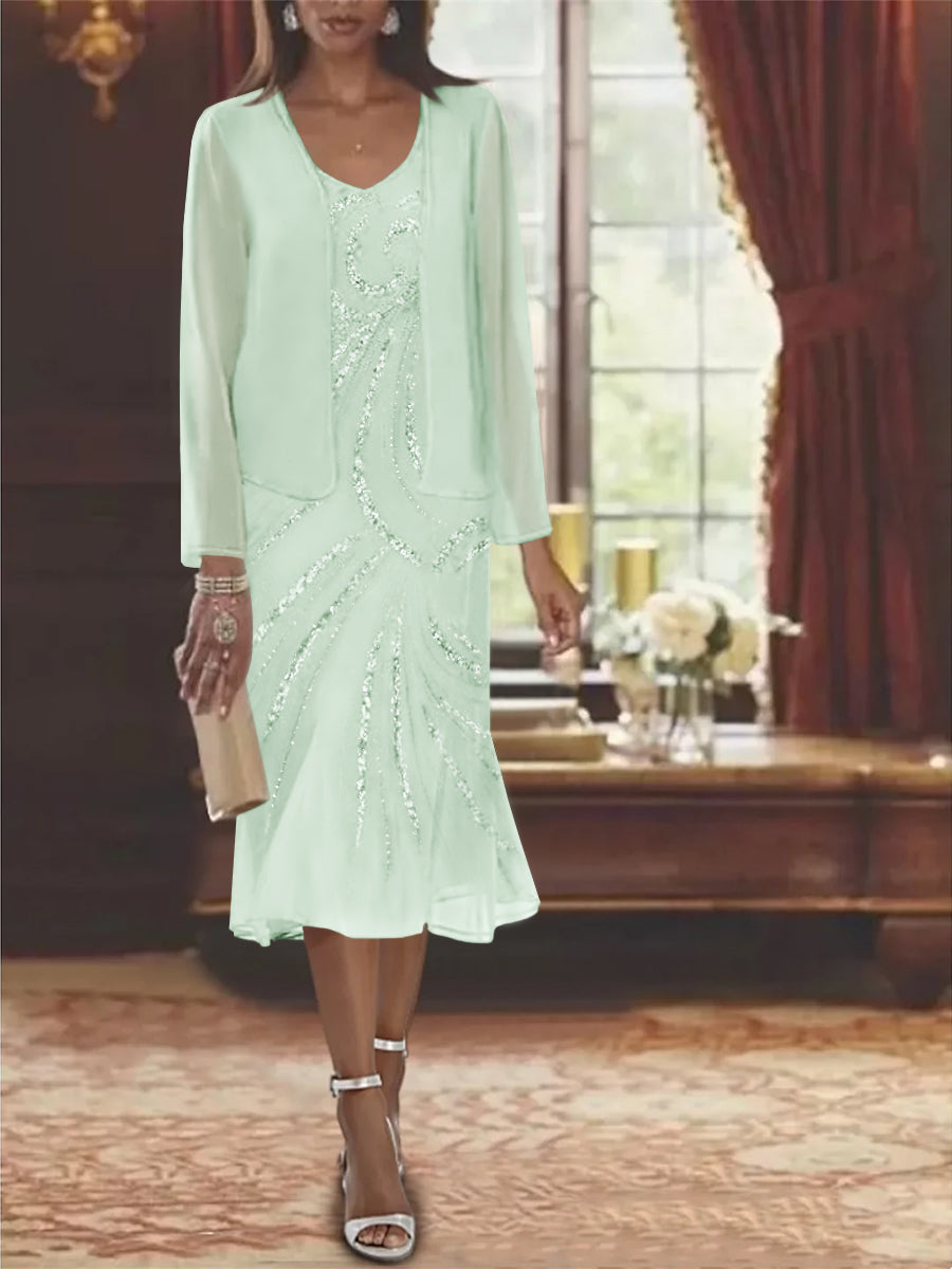 Robe de Mère de la Mariée en Mousseline 2 Pièces à Col en V et Longueur Genou avec Veste et Paillettes