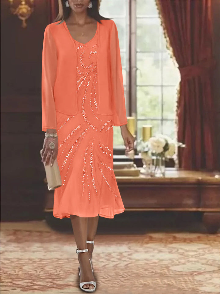 Robe de Mère de la Mariée en Mousseline 2 Pièces à Col en V et Longueur Genou avec Veste et Paillettes