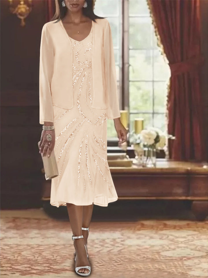 Robe de Mère de la Mariée en Mousseline 2 Pièces à Col en V et Longueur Genou avec Veste et Paillettes