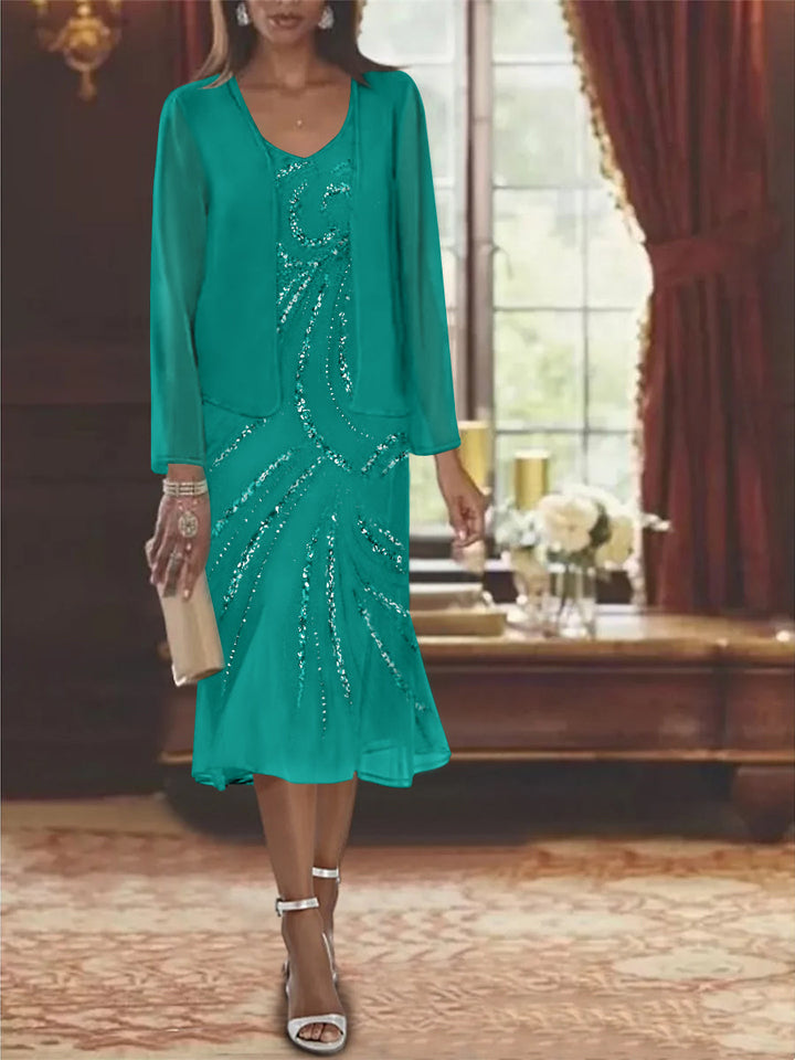 Robe de Mère de la Mariée en Mousseline 2 Pièces à Col en V et Longueur Genou avec Veste et Paillettes