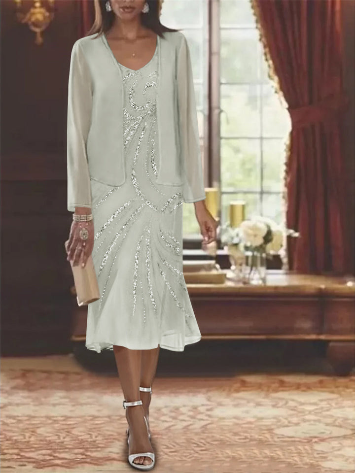 Robe de Mère de la Mariée en Mousseline 2 Pièces à Col en V et Longueur Genou avec Veste et Paillettes