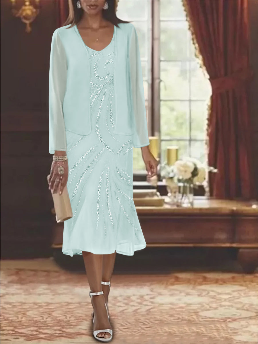 Robe de Mère de la Mariée en Mousseline 2 Pièces à Col en V et Longueur Genou avec Veste et Paillettes