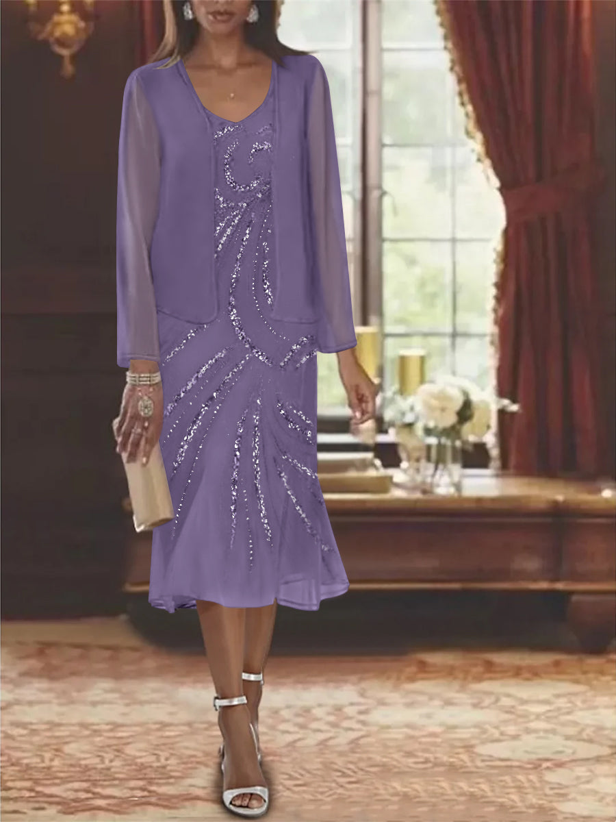 Robe de Mère de la Mariée en Mousseline 2 Pièces à Col en V et Longueur Genou avec Veste et Paillettes