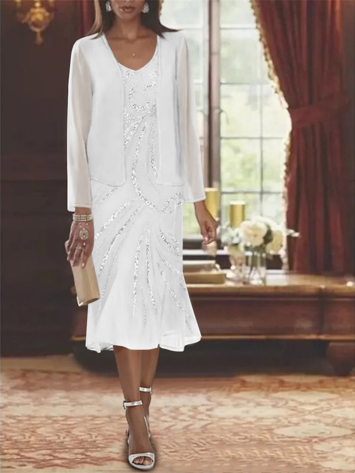 Robe de Mère de la Mariée en Mousseline 2 Pièces à Col en V et Longueur Genou avec Veste et Paillettes