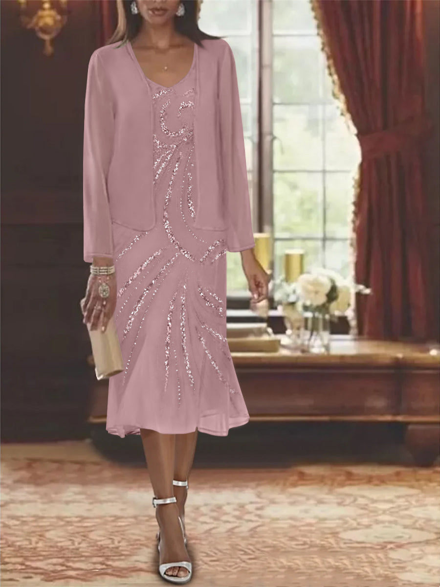 Robe de Mère de la Mariée en Mousseline 2 Pièces à Col en V et Longueur Genou avec Veste et Paillettes