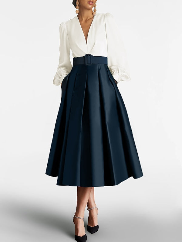 Robe de Mère de la Mariée Coupe A-Line/Princess à Col en V et Manches Longues avec Ceinture