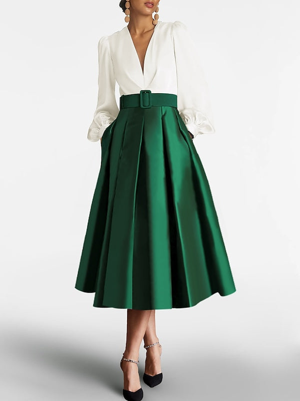 Robe de Mère de la Mariée Coupe A-Line/Princess à Col en V et Manches Longues avec Ceinture