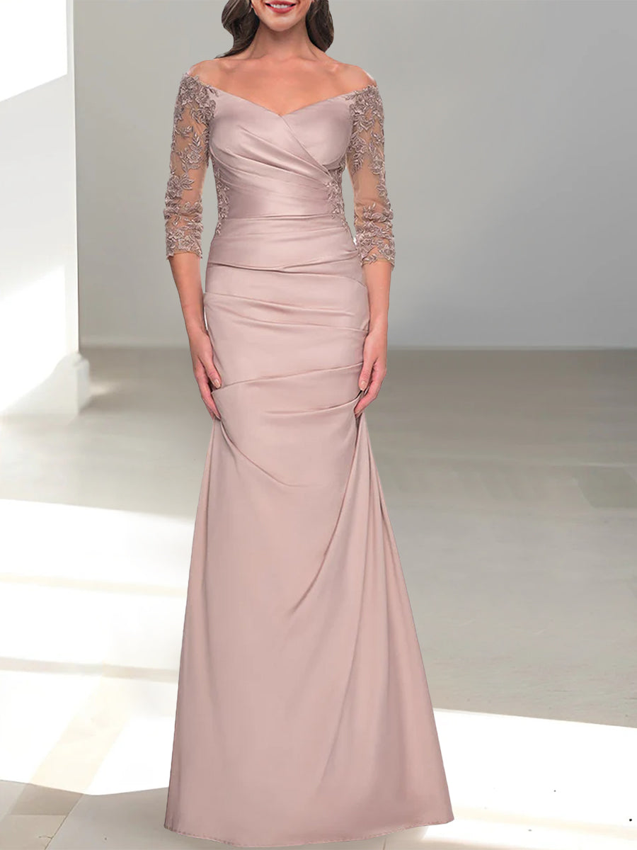 Robe de Mère de la Mariée Trompette/Sirène à Épaules Dénudées et Manches 3/4 avec Perles