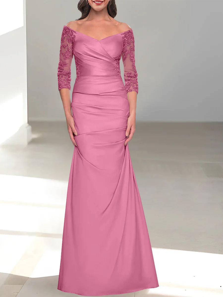 Robe de Mère de la Mariée Trompette/Sirène à Épaules Dénudées et Manches 3/4 avec Perles