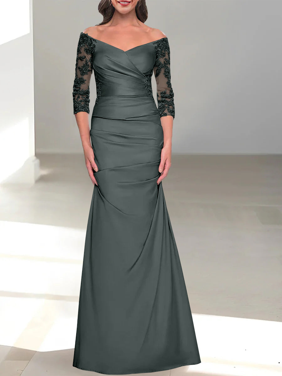 Robe de Mère de la Mariée Trompette/Sirène à Épaules Dénudées et Manches 3/4 avec Perles