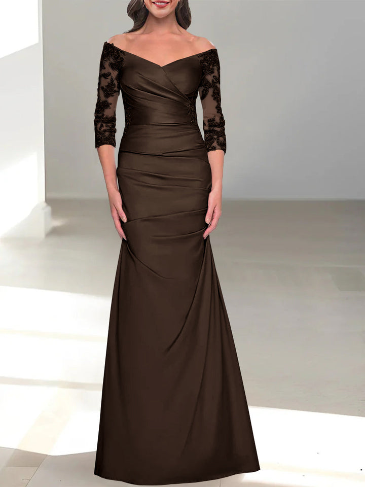 Robe de Mère de la Mariée Trompette/Sirène à Épaules Dénudées et Manches 3/4 avec Perles