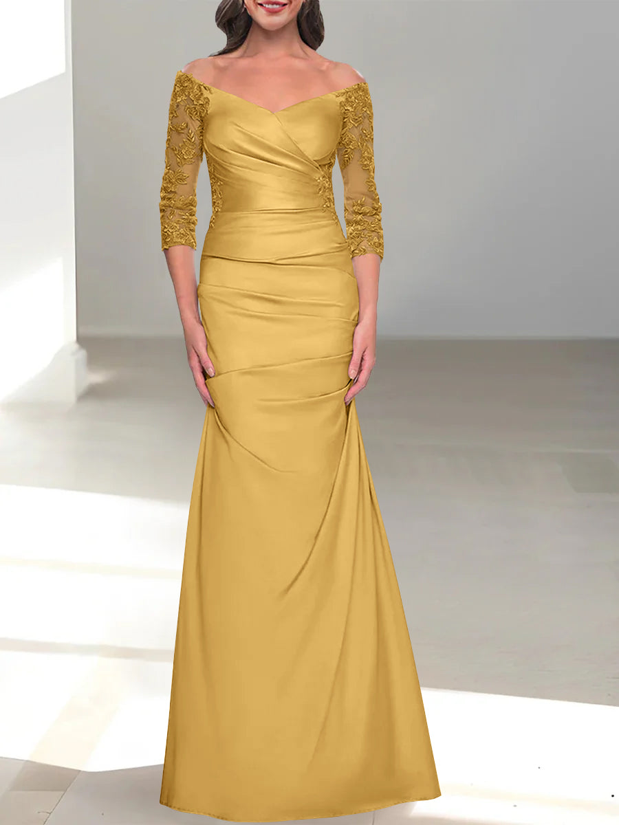 Robe de Mère de la Mariée Trompette/Sirène à Épaules Dénudées et Manches 3/4 avec Perles